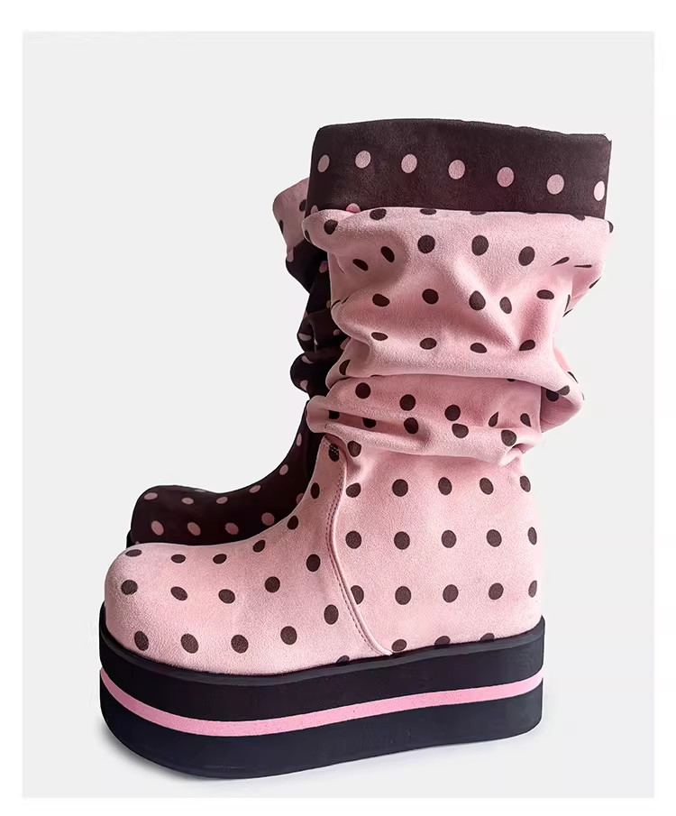 Polka Dot Platform Slouchy Mid Boots　X3524