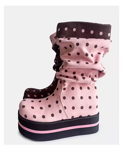 Polka Dot Platform Slouchy Mid Boots　X3524