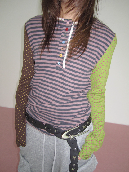 Stripe & Polka Dot Lace Patchwork Long T-Shirt　X3422