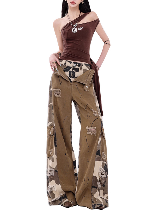 Vintage Camouflage Patchwork Cargo Denim Pants X3322