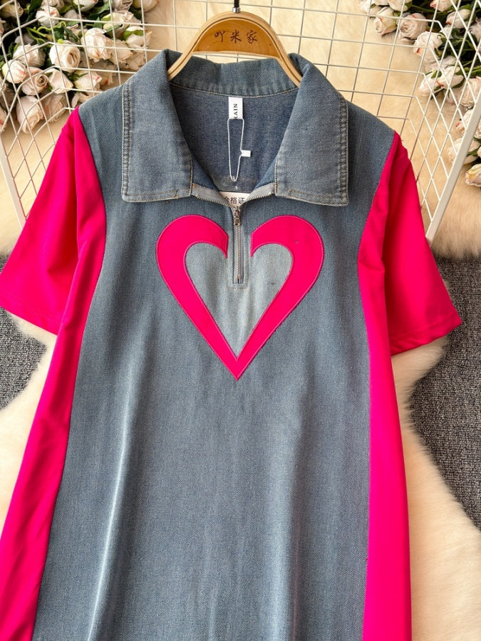 Bicolor Heart Denim Dress X2770