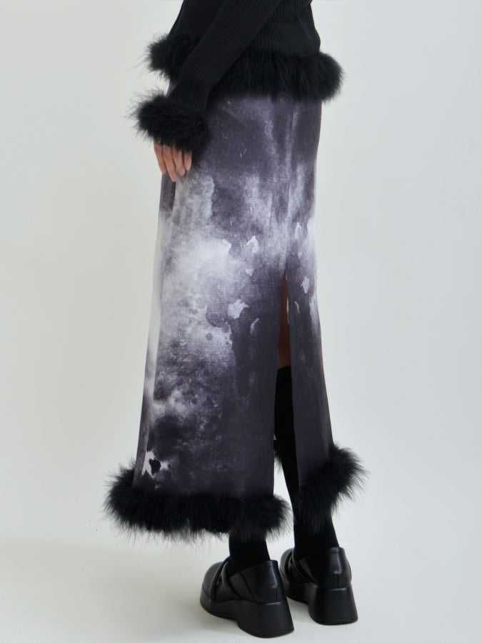 Ink painting pattern back slit fur long skirt X2647