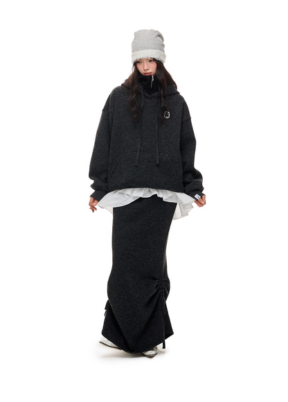 Layered-Look High-Neck Hoodie & Long Skirt 　X3484