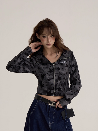 Vintage Retro Star Camo Zip-Up Hoodie Short Jacket　X3389
