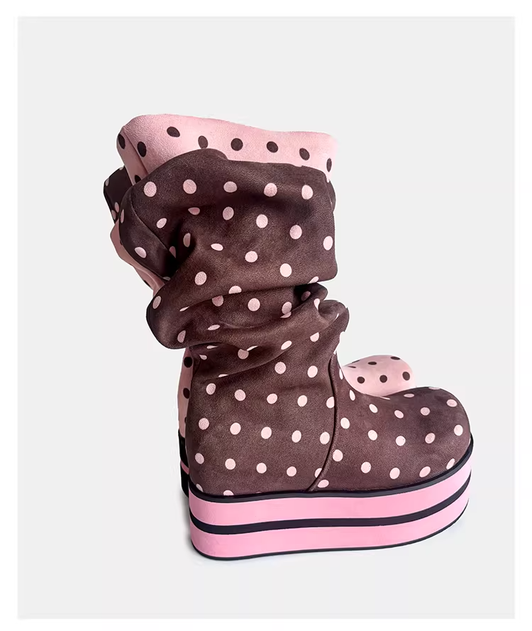 Polka Dot Platform Slouchy Mid Boots　X3524