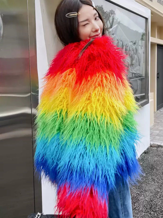 Colorful rainbow color volume silhouette long sleeve fur short jacket X2856