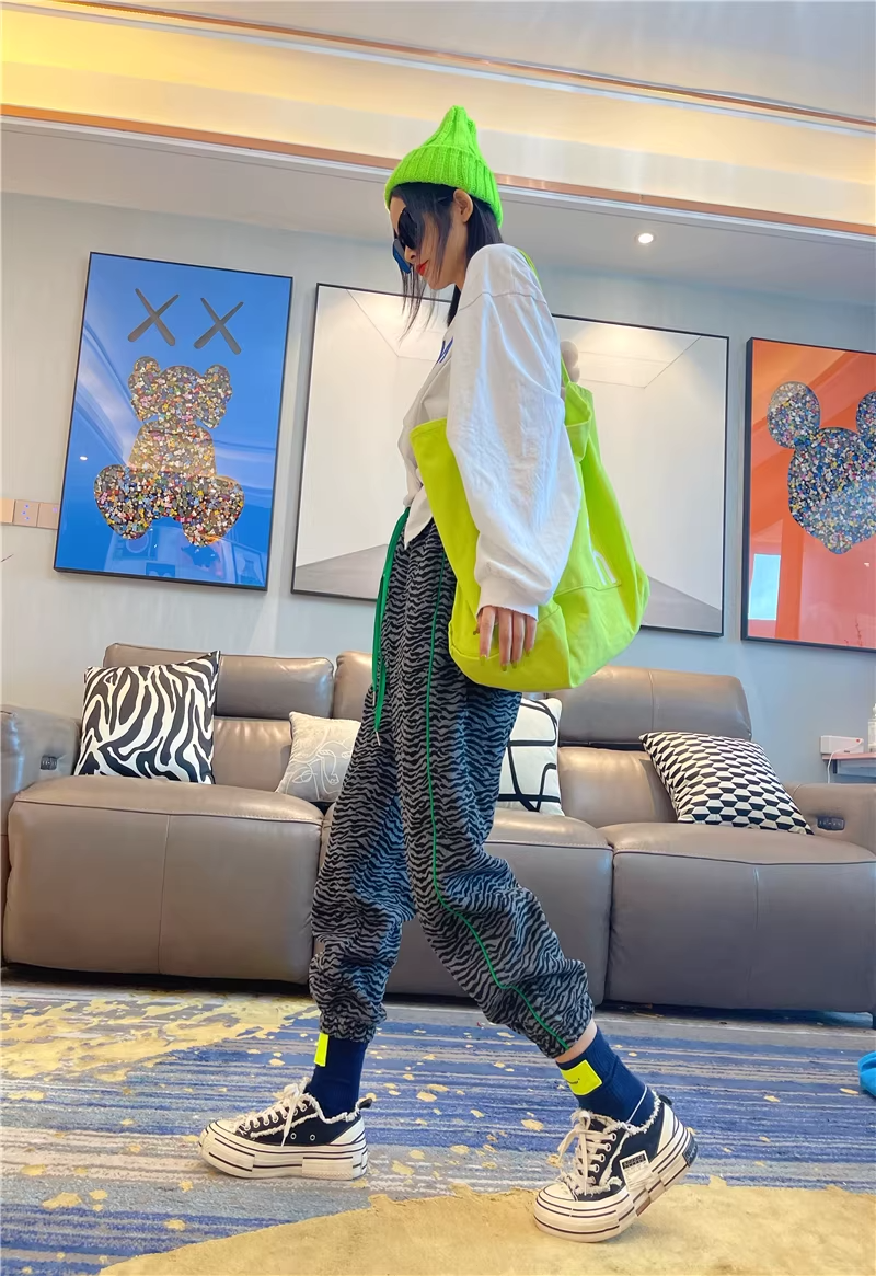 秋季豹紋高腰修身抽繩慢跑運動褲 X3501