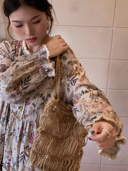 Vintage Mori Girl Style Floral Print Long Sleeve Top / Dress　X3365