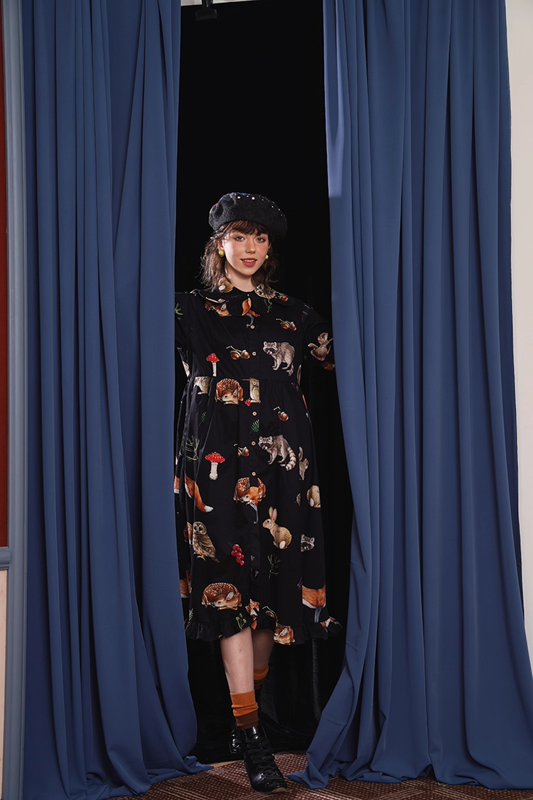 Vintage Animal Illustration Print Long Dress　X3348