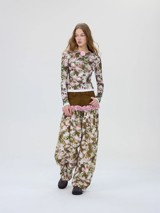 Printed Faux-Layered Patchwork Long-Sleeve Base Top　X3506