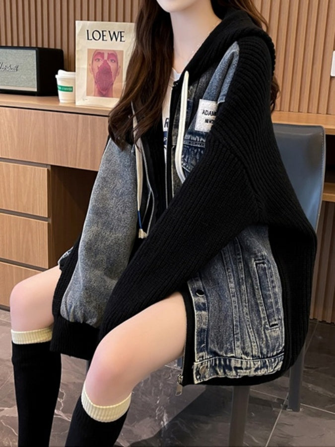 Denim patchwork knit sweater jacket X2940