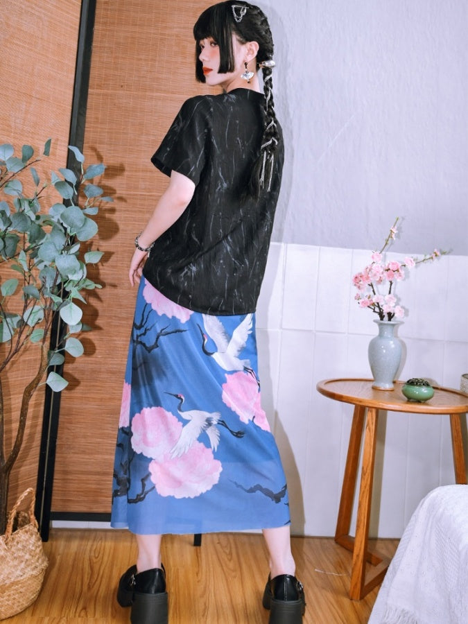 Crane motif long skirt X2780