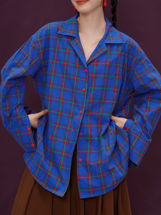 Klein Blue Plaid Retro Loose Long-Sleeve Shirt X3394