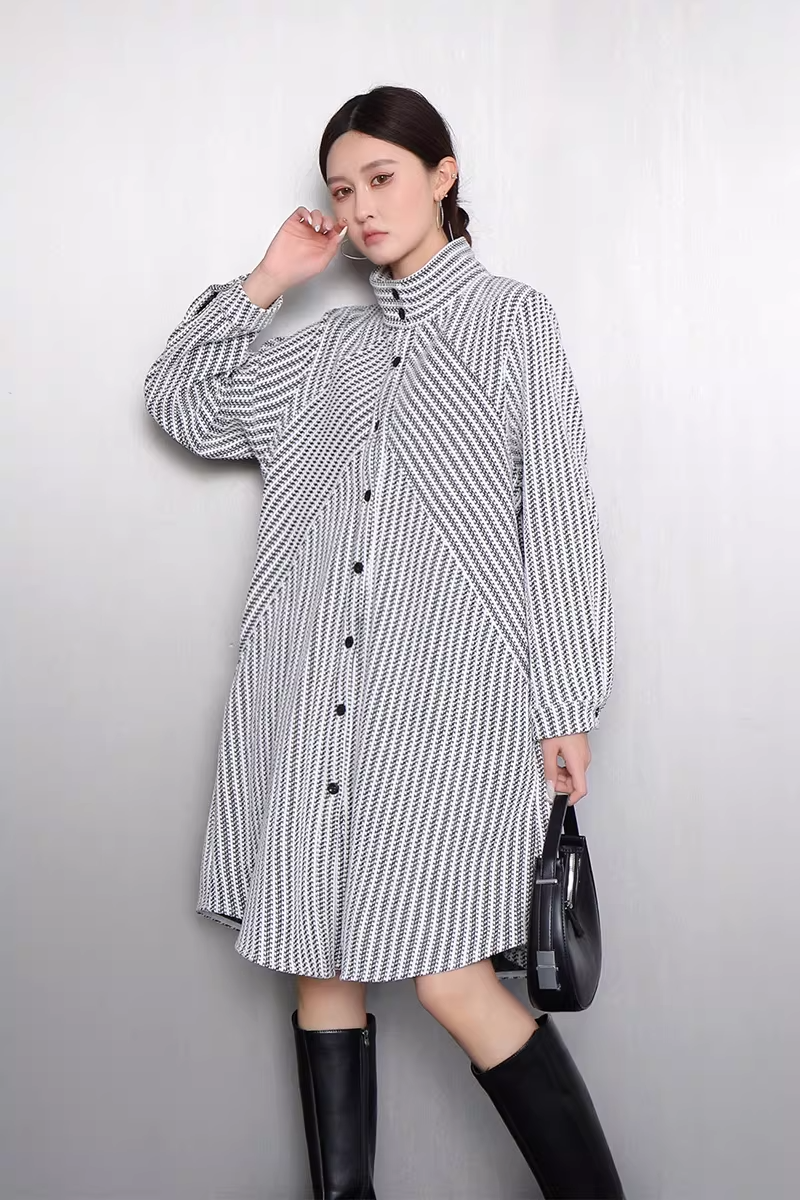 Striped Stand-Collar Long Shirt Dress X3521