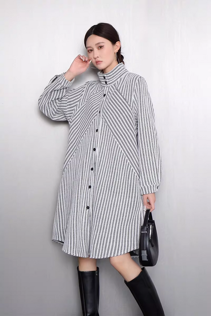 Striped Stand-Collar Long Shirt Dress X3521