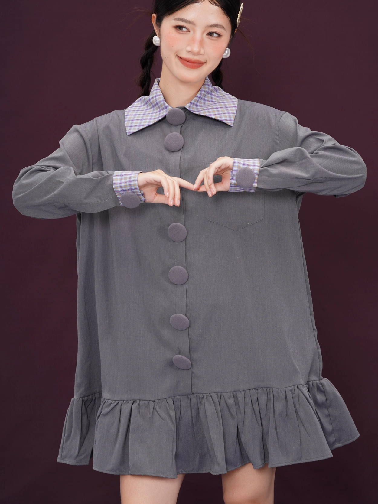 Covered Button Rainbow Plaid Vintage Short Dress X3393