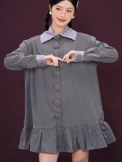 Covered Button Rainbow Plaid Vintage Short Dress X3393