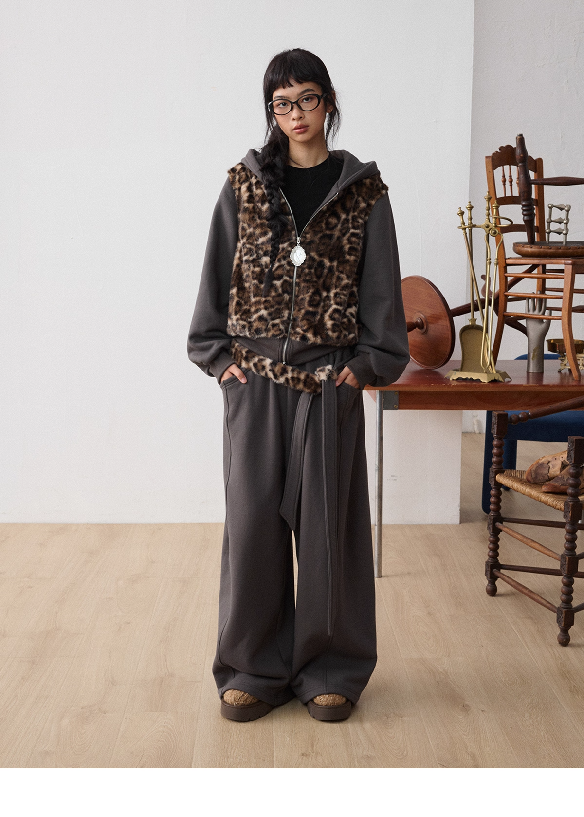 Leopard Faux-Fur Panel Hoodie & Pants　X3487