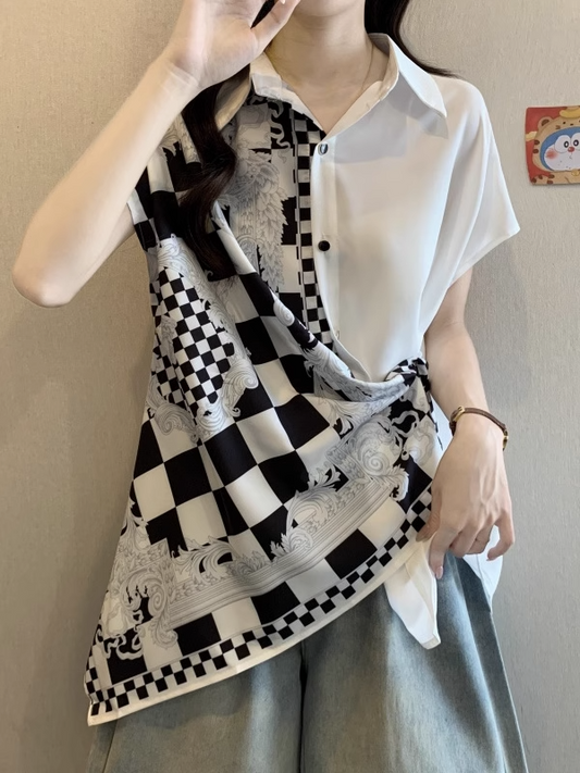 Plus Size Korean Style Loose Checkered Short Sleeve Shirt X3313
