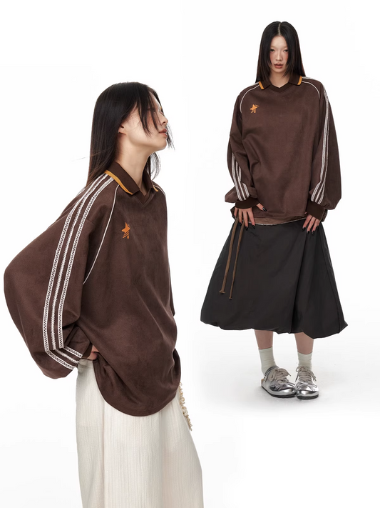 Cocoa Brown Suede Lace Patchwork V-Neck Pullover Sweatshirt　X3330