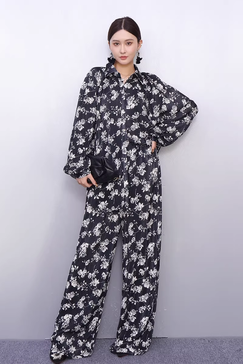 Draped Floral Print Shirt & Wide-Leg Pants Set X3519