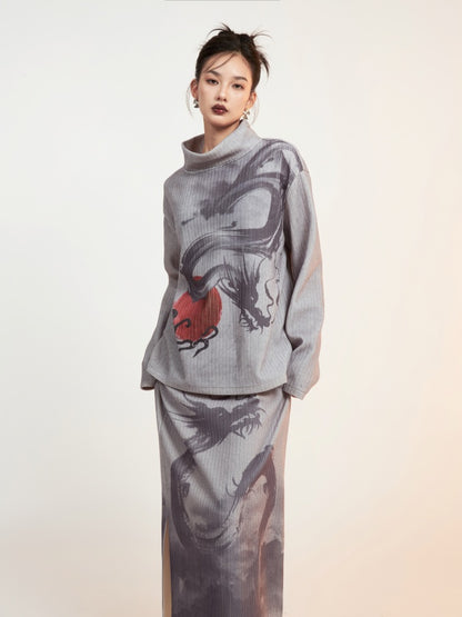 Dragon print high neck pullover/long skirt X2650