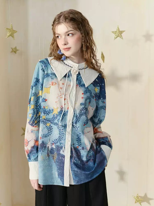 Retro Flower Decorated Collar Lapel Shirt X2865