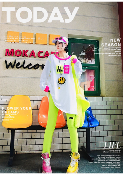 Neon Green Letter Patch Fleece Leggings X3412