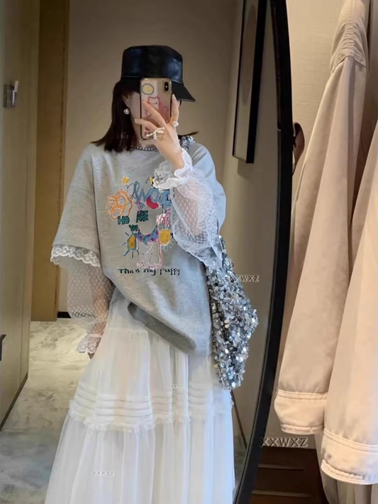 Lace-Paneled Layered-Style Graphic Tee　X3288