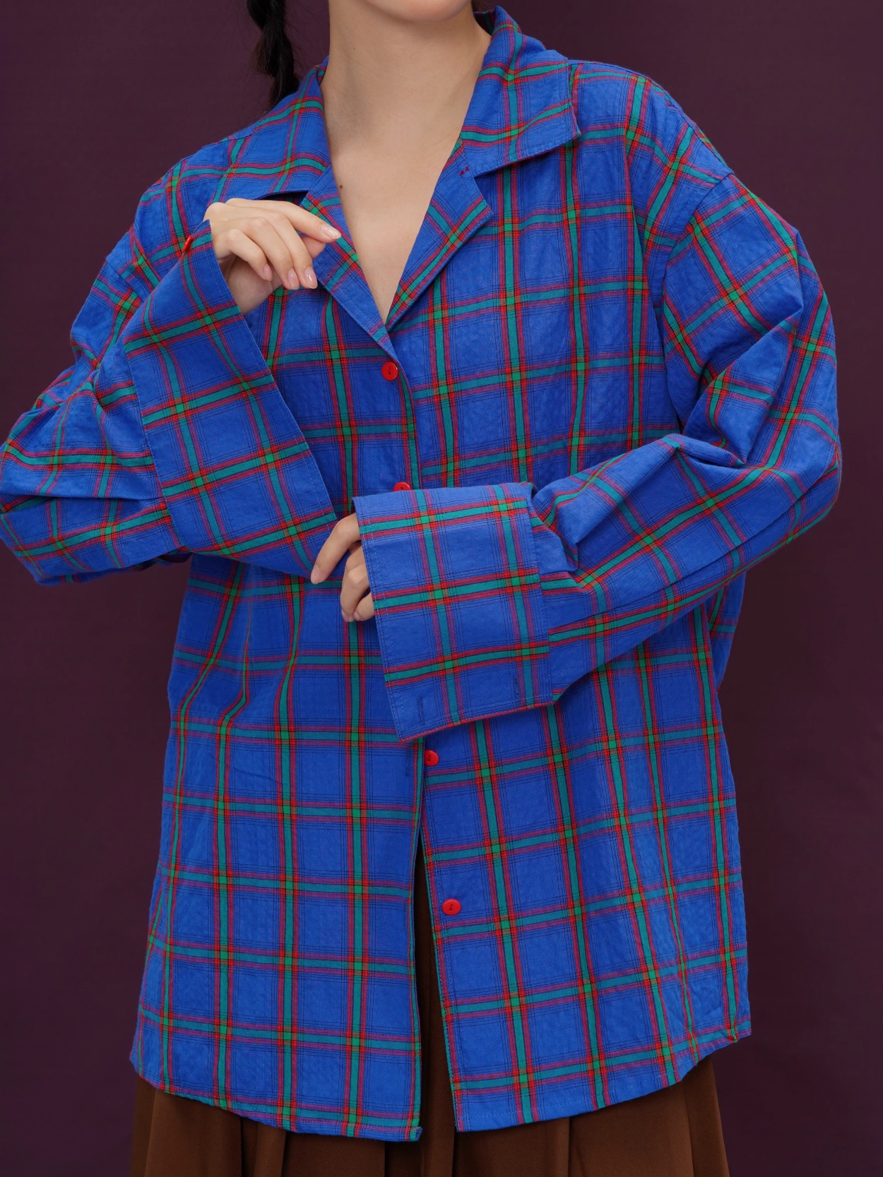 Klein Blue Plaid Retro Loose Long-Sleeve Shirt X3394