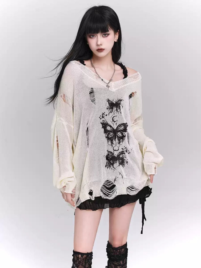 Wide V-neck damaged pullover X2826