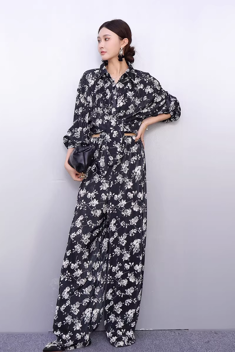 Draped Floral Print Shirt & Wide-Leg Pants Set X3519