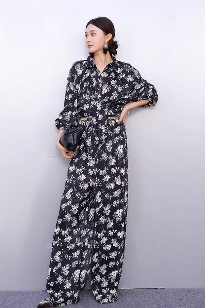 Draped Floral Print Shirt & Wide-Leg Pants Set X3519