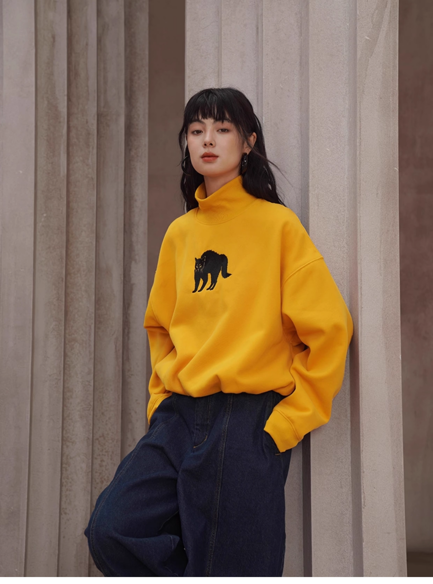 【限量庫存】黑貓刺繡復古高領衛衣 X3443