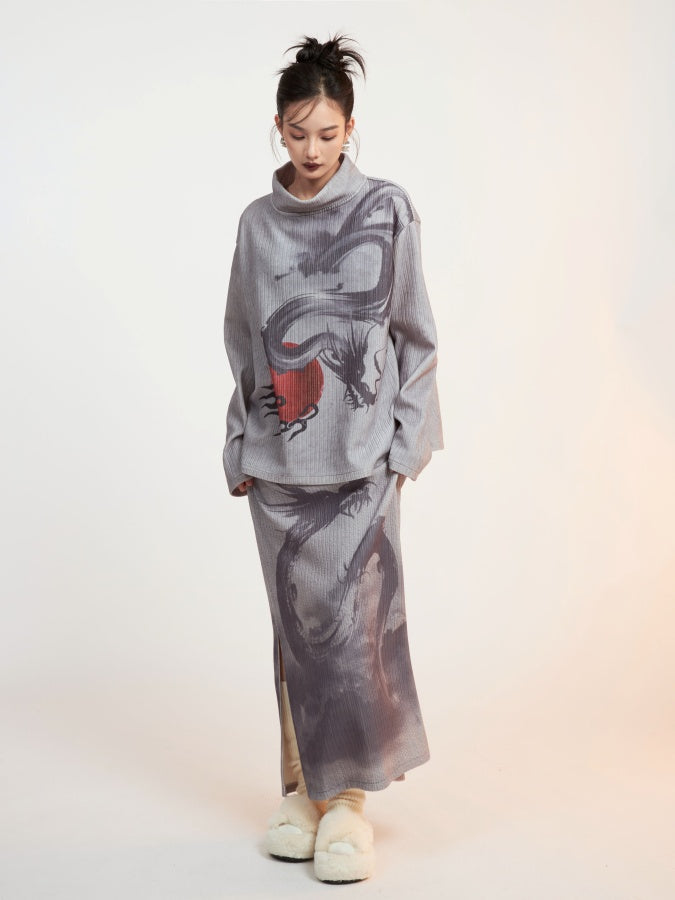 Dragon print high neck pullover/long skirt X2650