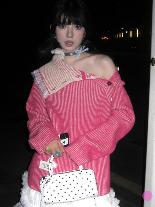 Pink Stripe Ruffle Rong Sweater　X2990