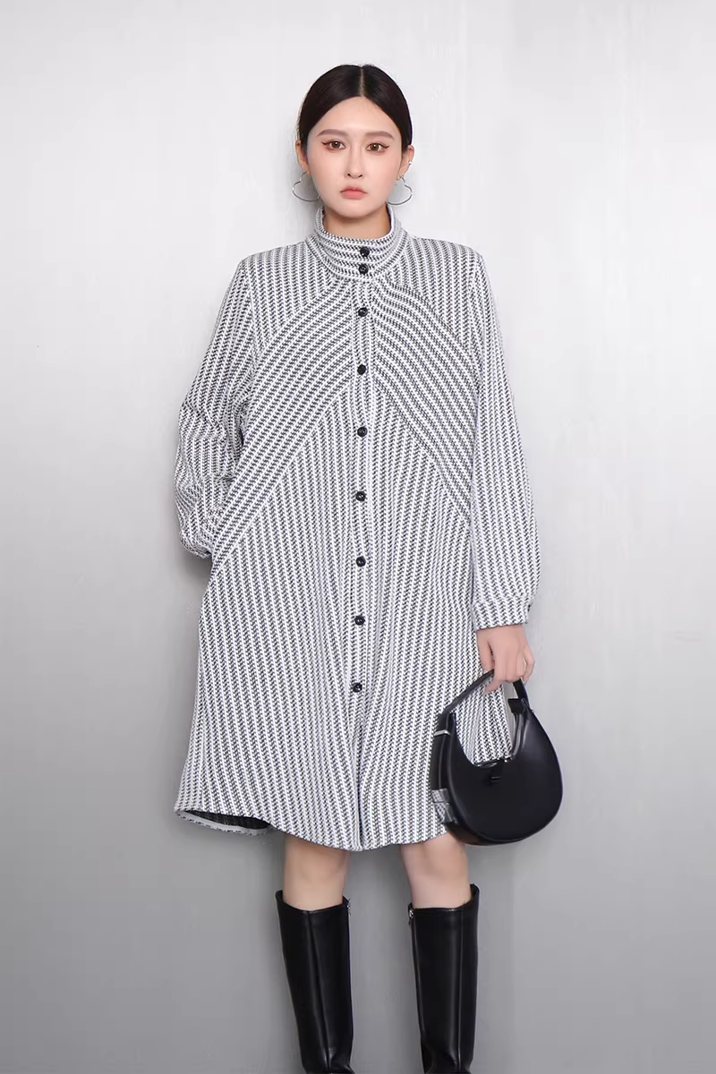 Striped Stand-Collar Long Shirt Dress X3521