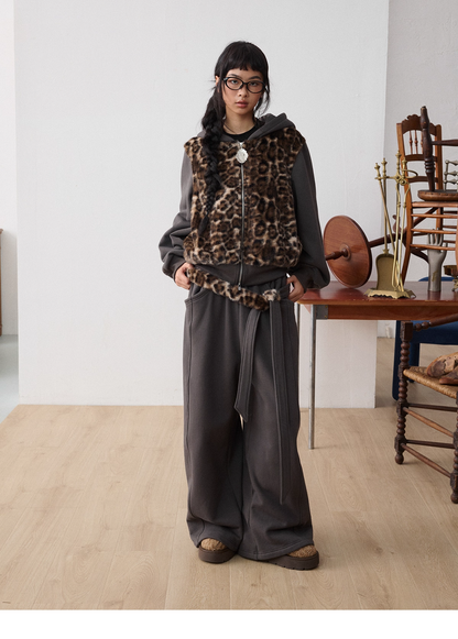 Leopard Faux-Fur Panel Hoodie & Pants　X3487