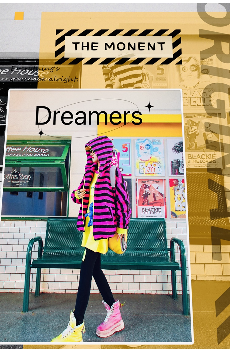 Striped Sherpa Fleece Colorblock Hoodie Jacket　X3408