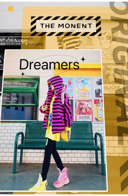 Striped Sherpa Fleece Colorblock Hoodie Jacket　X3408