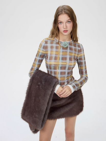 Printed Faux-Layered Patchwork Long-Sleeve Base Top　X3506