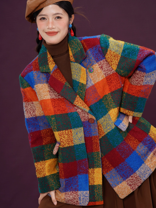 Colorful Rainbow Plaid Thick Oversized Blazer X3395