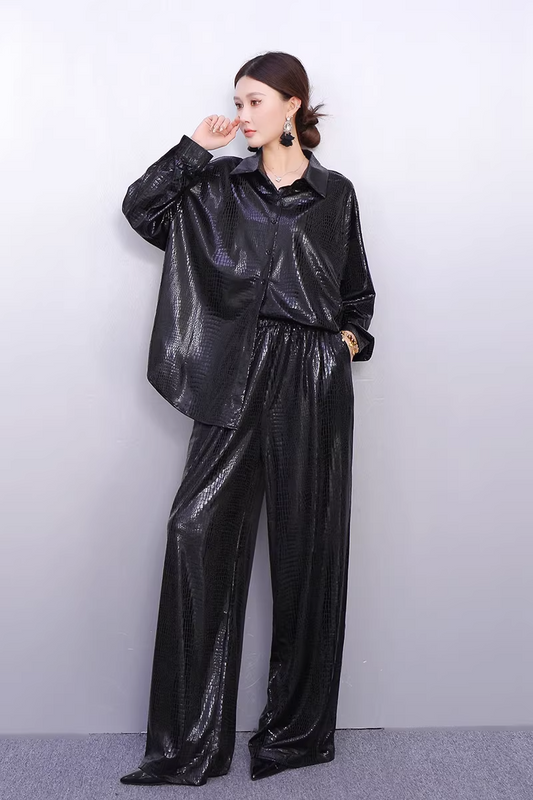 Glossy Textured Shirt & Wide-Leg Pants Set　X3518