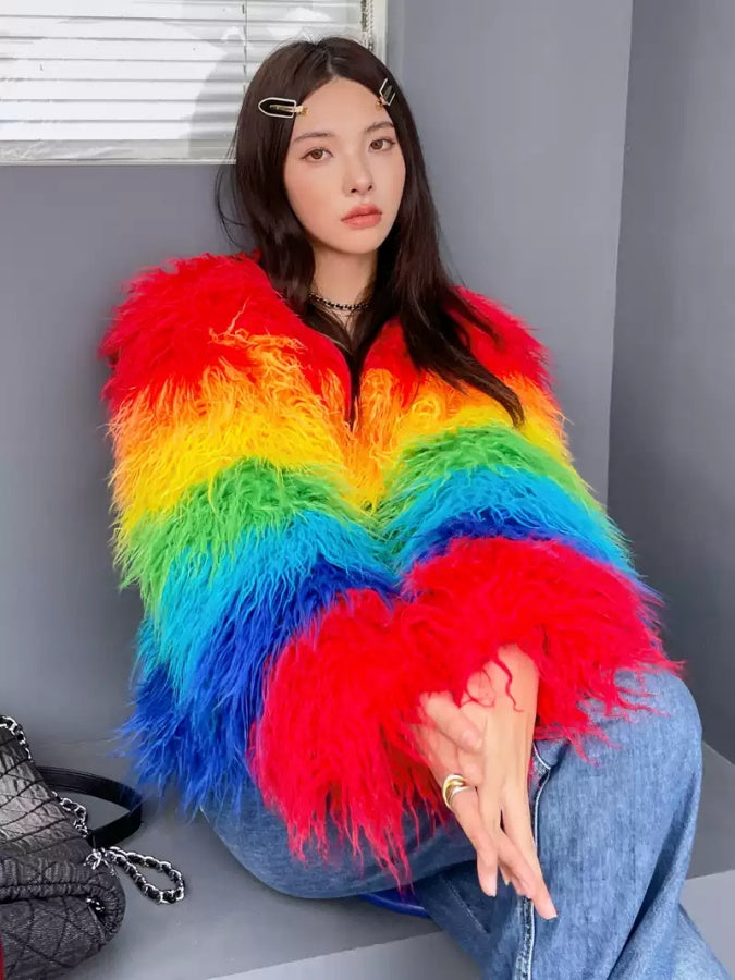 Colorful rainbow color volume silhouette long sleeve fur short jacket X2856