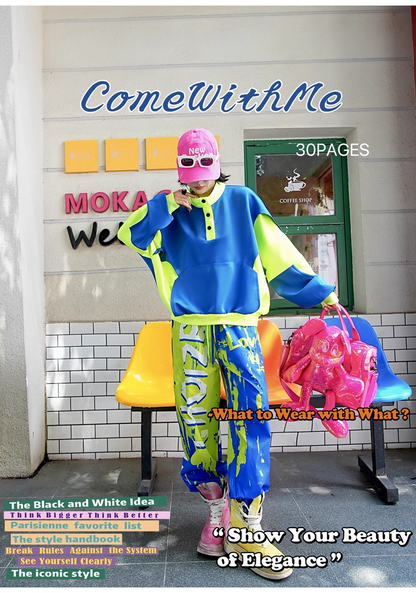 Blue × Neon Green Colorblock Hoodie　X3414