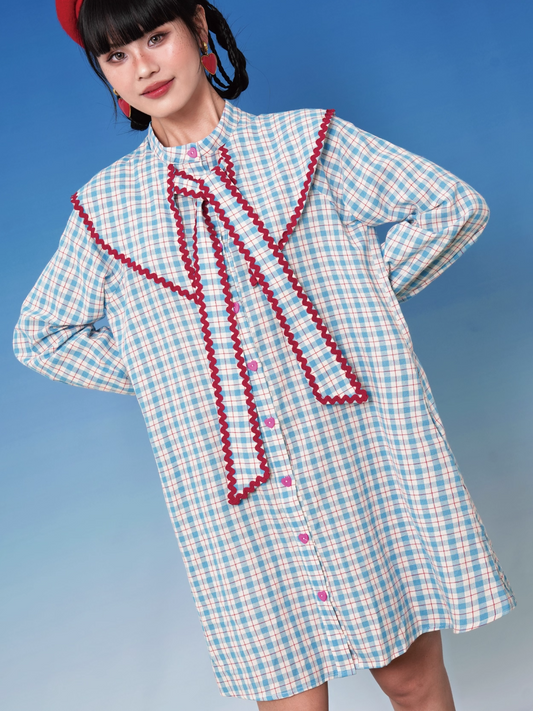 Blue Plaid Doll Collar Short Shirt Dress X3396