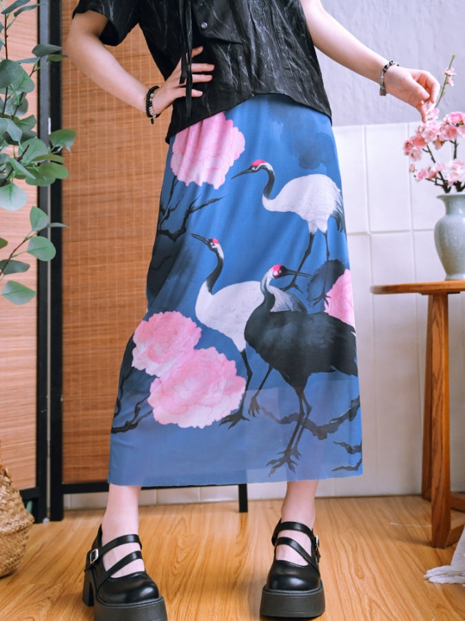 Crane motif long skirt X2780