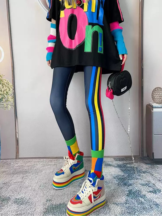 Color Stripe Slim Leggings Pants X2863