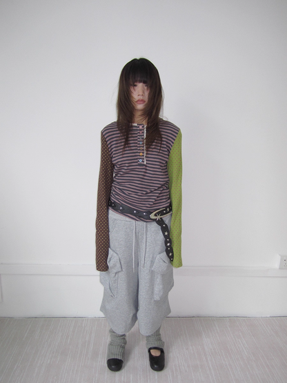 Stripe & Polka Dot Lace Patchwork Long T-Shirt　X3422