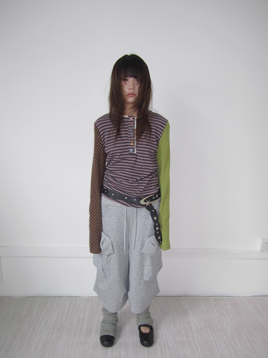 Stripe & Polka Dot Lace Patchwork Long T-Shirt　X3422